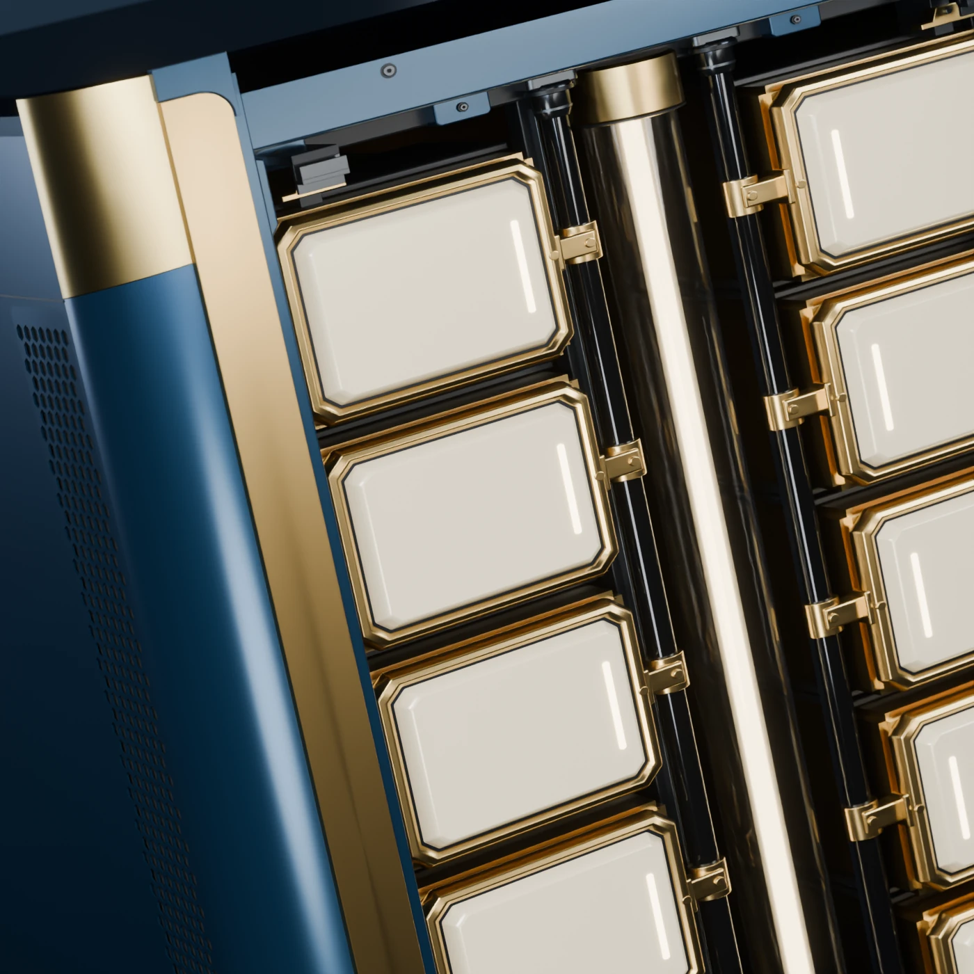 Ivory battery modules, gold busbars and the illuminated spine